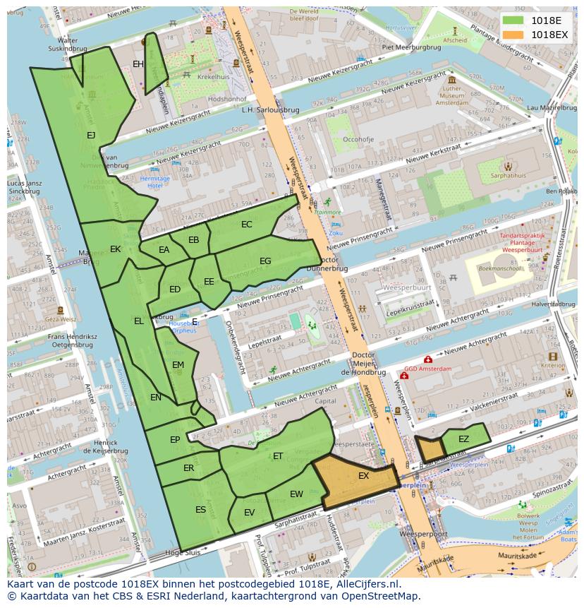 Afbeelding van het postcodegebied 1018 EX op de kaart.