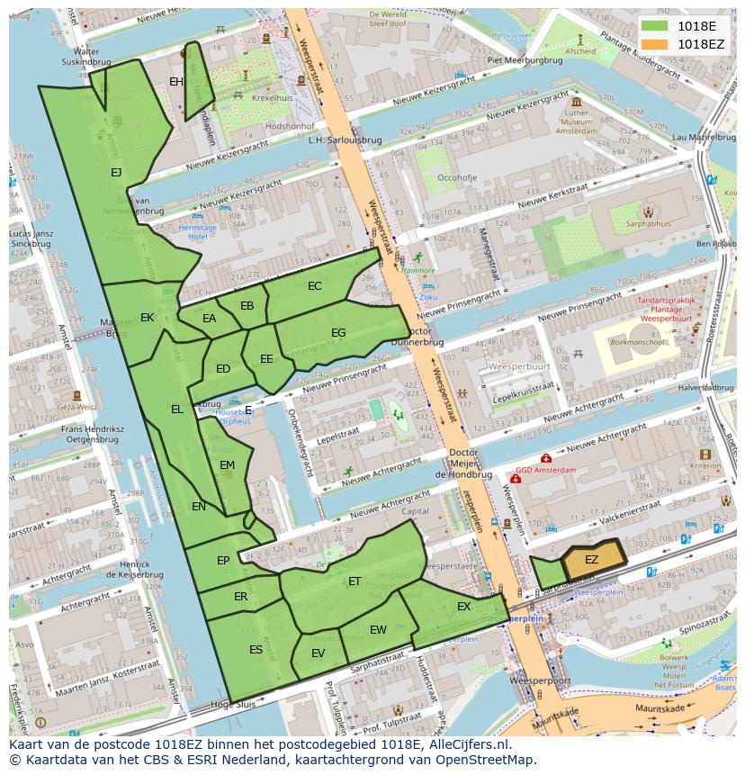 Afbeelding van het postcodegebied 1018 EZ op de kaart.