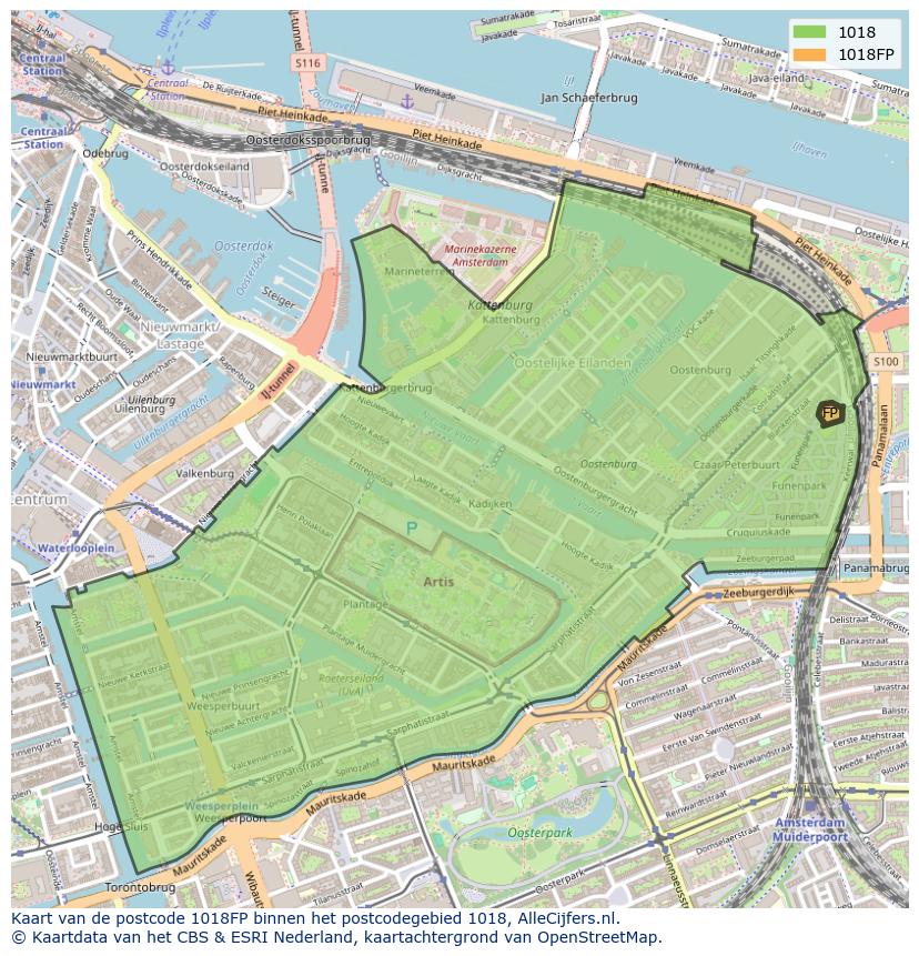 Afbeelding van het postcodegebied 1018 FP op de kaart.
