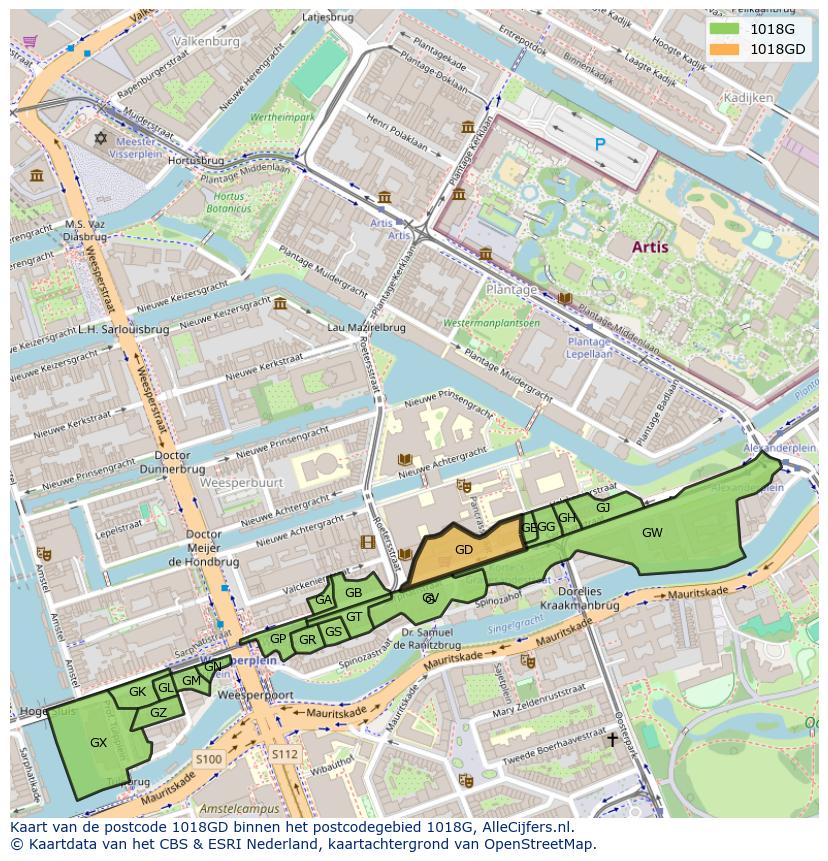Afbeelding van het postcodegebied 1018 GD op de kaart.