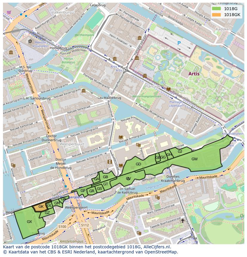 Afbeelding van het postcodegebied 1018 GK op de kaart.