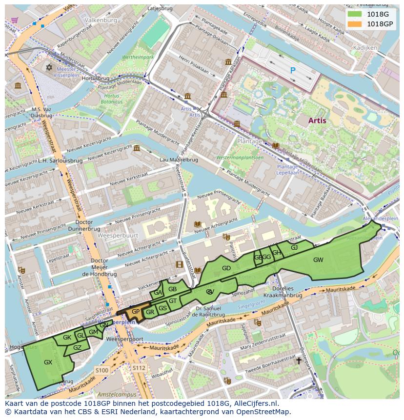 Afbeelding van het postcodegebied 1018 GP op de kaart.