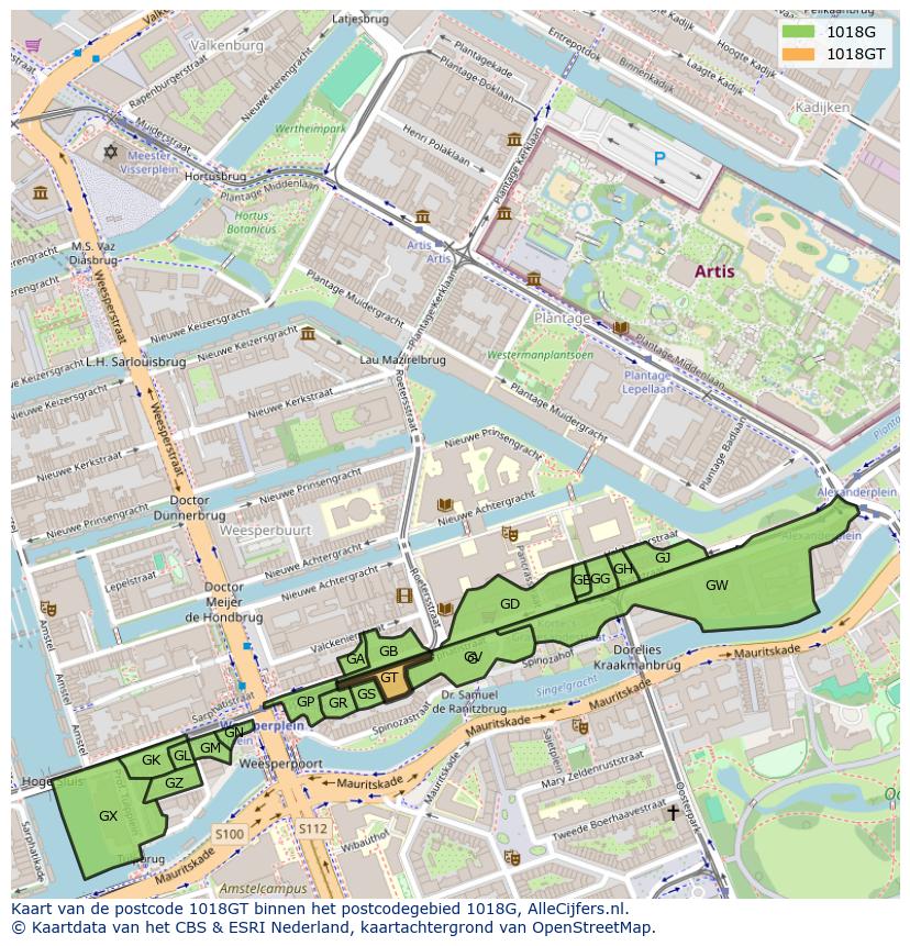 Afbeelding van het postcodegebied 1018 GT op de kaart.