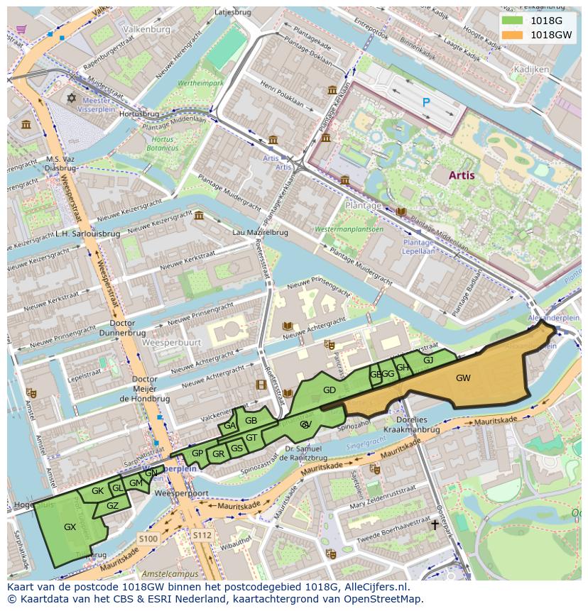 Afbeelding van het postcodegebied 1018 GW op de kaart.