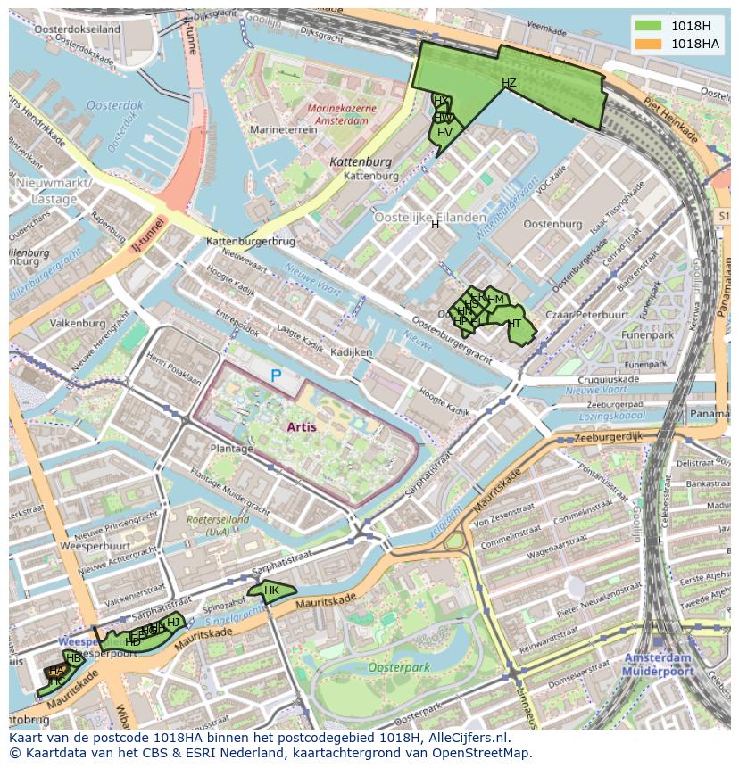 Afbeelding van het postcodegebied 1018 HA op de kaart.