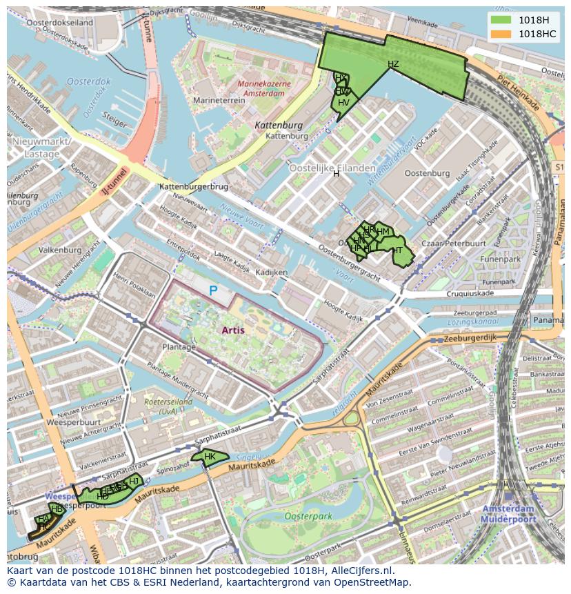 Afbeelding van het postcodegebied 1018 HC op de kaart.