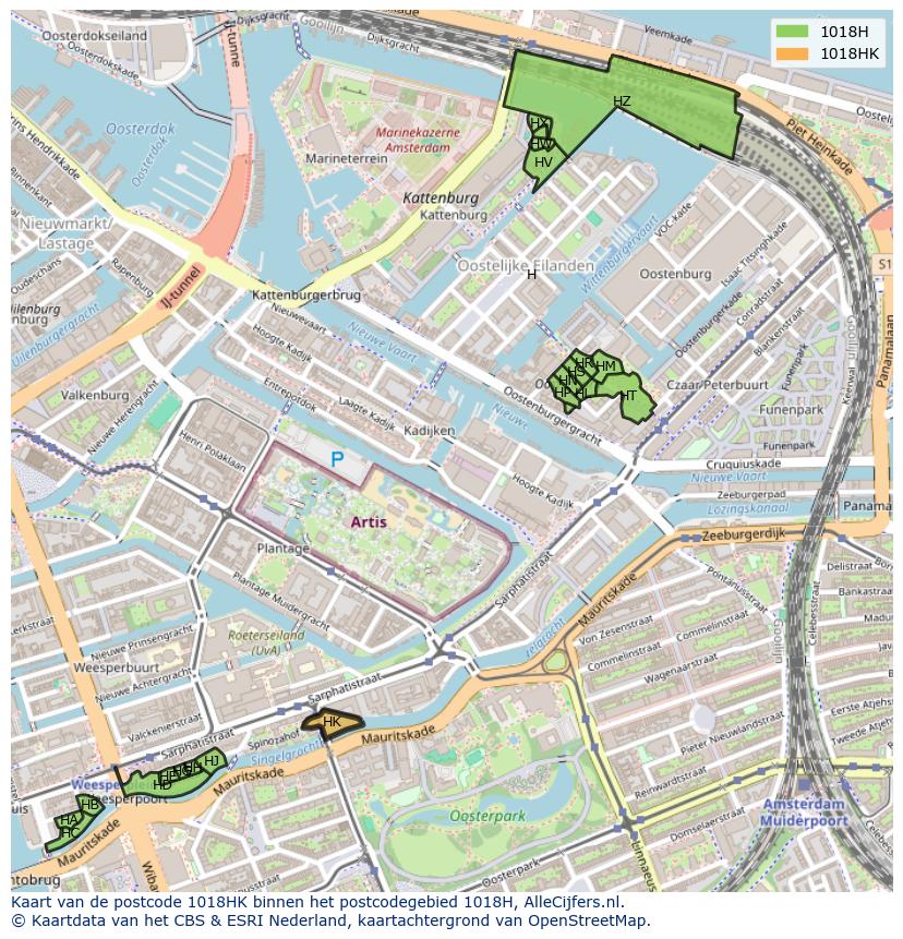 Afbeelding van het postcodegebied 1018 HK op de kaart.