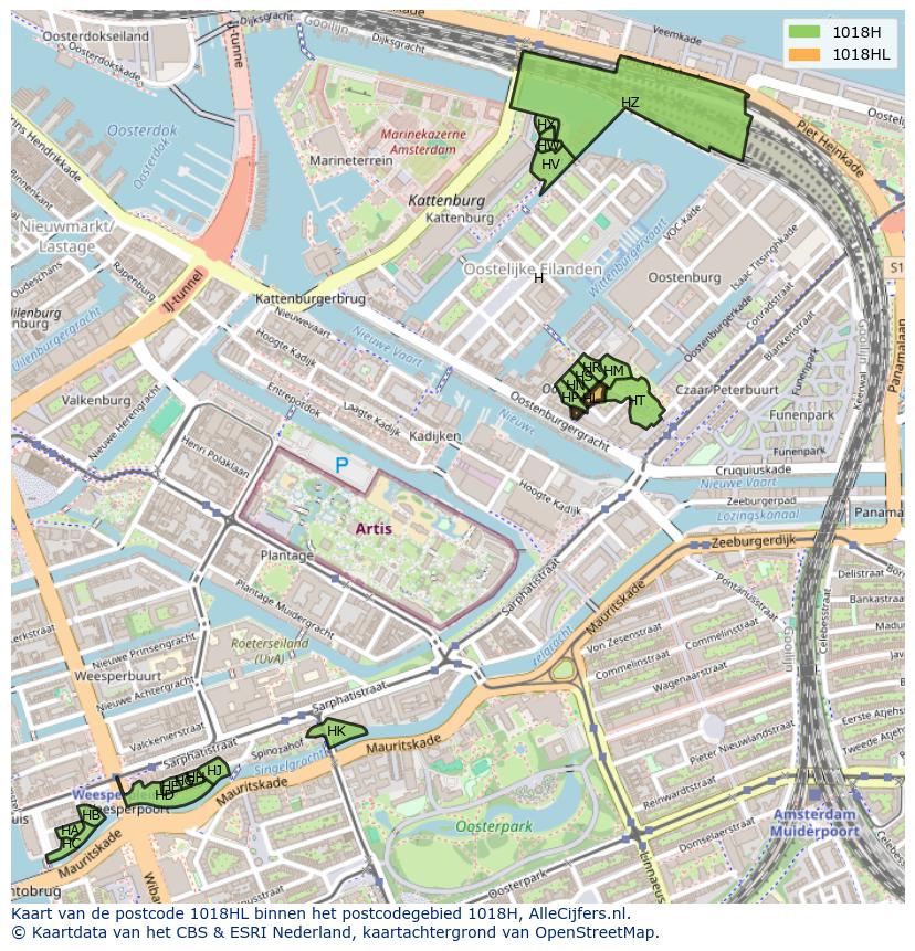 Afbeelding van het postcodegebied 1018 HL op de kaart.