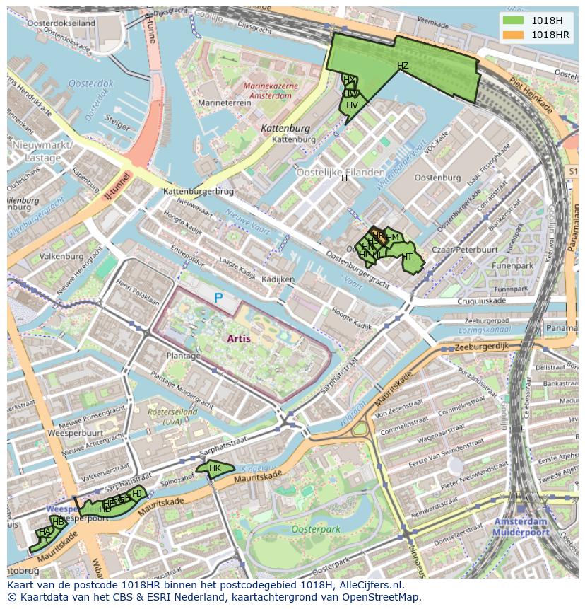 Afbeelding van het postcodegebied 1018 HR op de kaart.