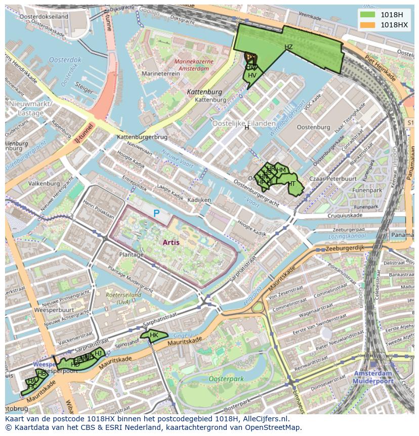 Afbeelding van het postcodegebied 1018 HX op de kaart.