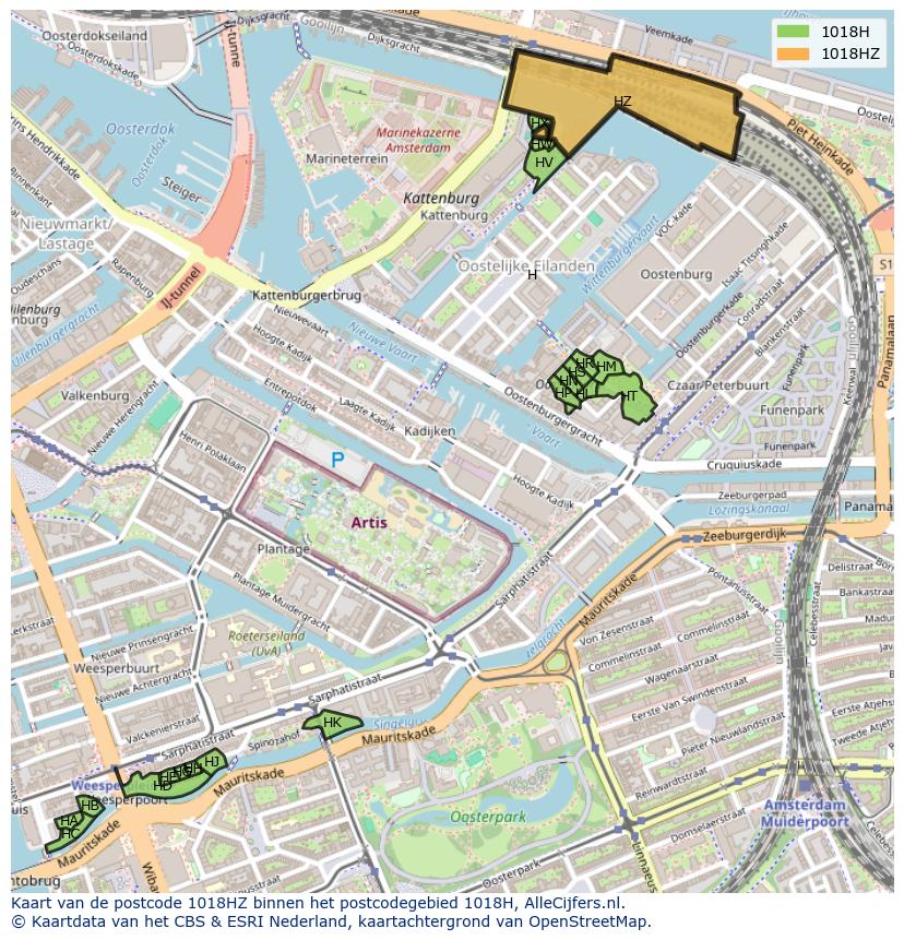 Afbeelding van het postcodegebied 1018 HZ op de kaart.