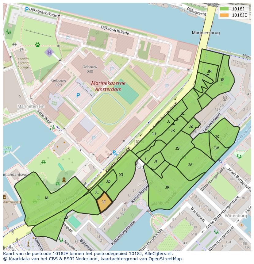 Afbeelding van het postcodegebied 1018 JE op de kaart.