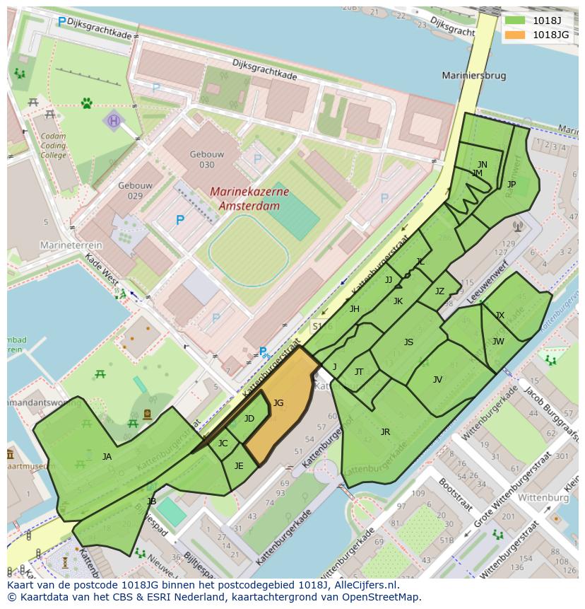 Afbeelding van het postcodegebied 1018 JG op de kaart.