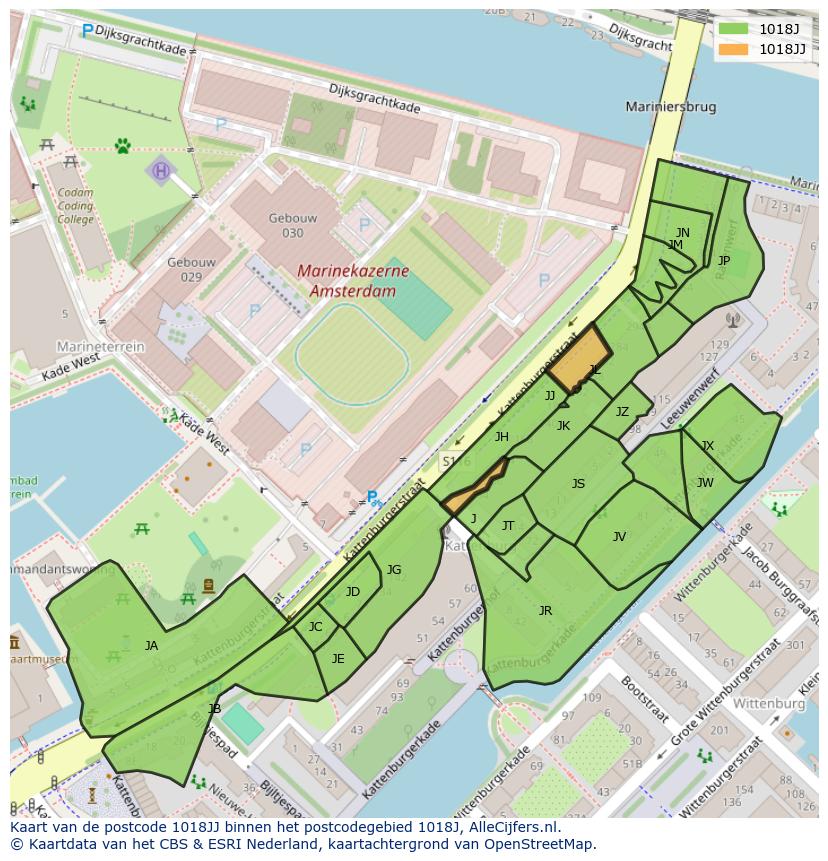 Afbeelding van het postcodegebied 1018 JJ op de kaart.