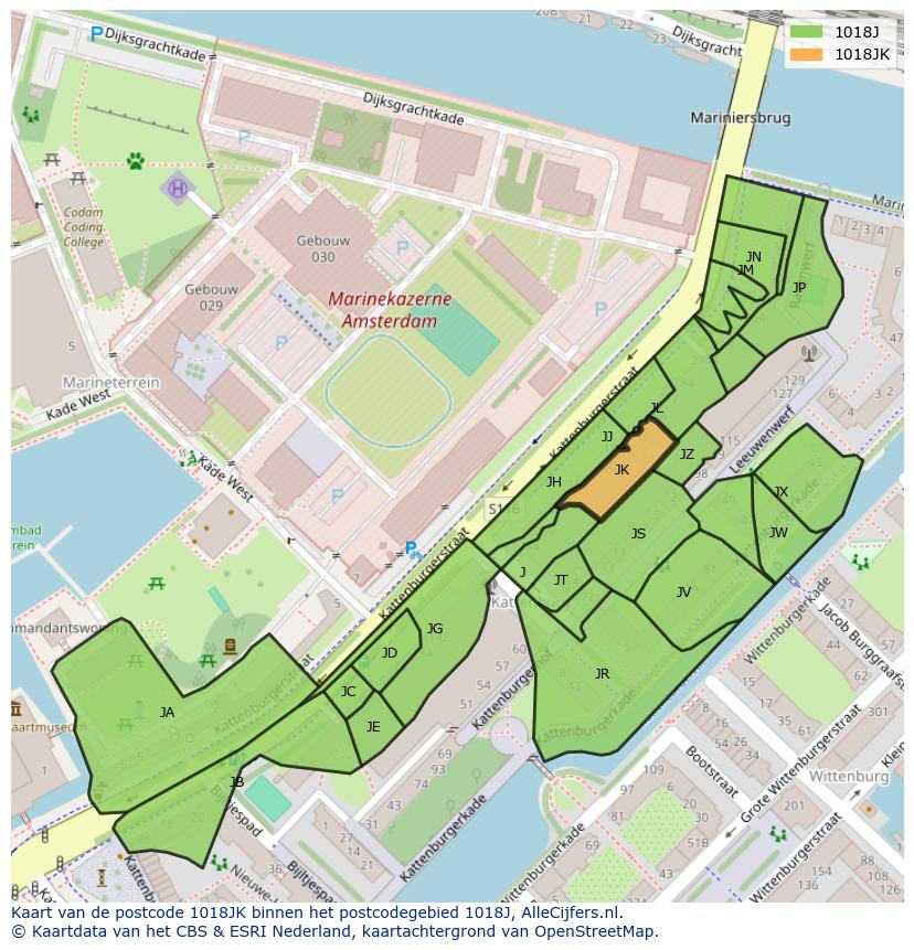 Afbeelding van het postcodegebied 1018 JK op de kaart.