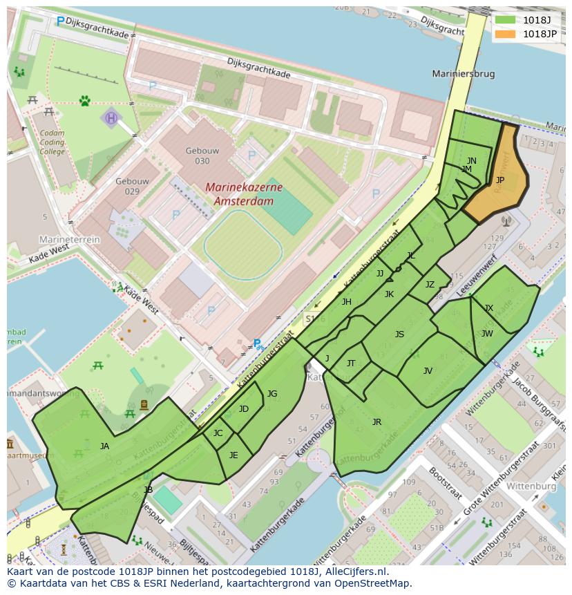 Afbeelding van het postcodegebied 1018 JP op de kaart.