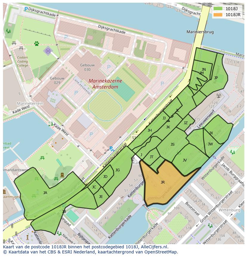 Afbeelding van het postcodegebied 1018 JR op de kaart.