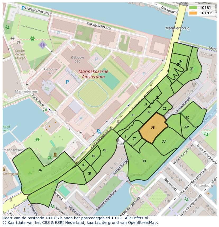 Afbeelding van het postcodegebied 1018 JS op de kaart.