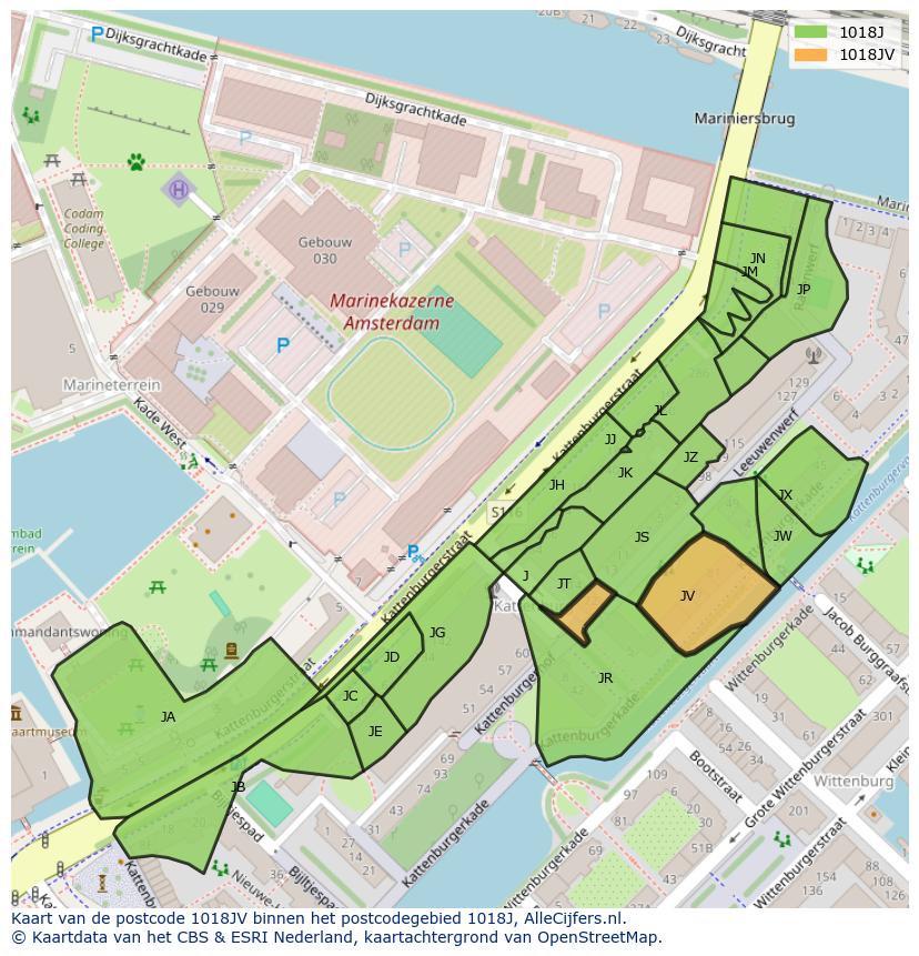 Afbeelding van het postcodegebied 1018 JV op de kaart.