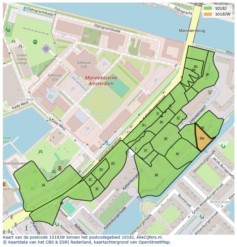 Afbeelding van het postcodegebied 1018 JW op de kaart.