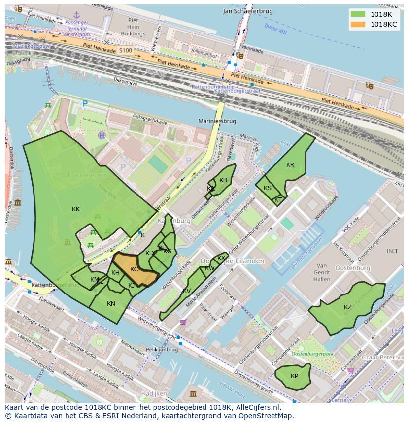 Afbeelding van het postcodegebied 1018 KC op de kaart.