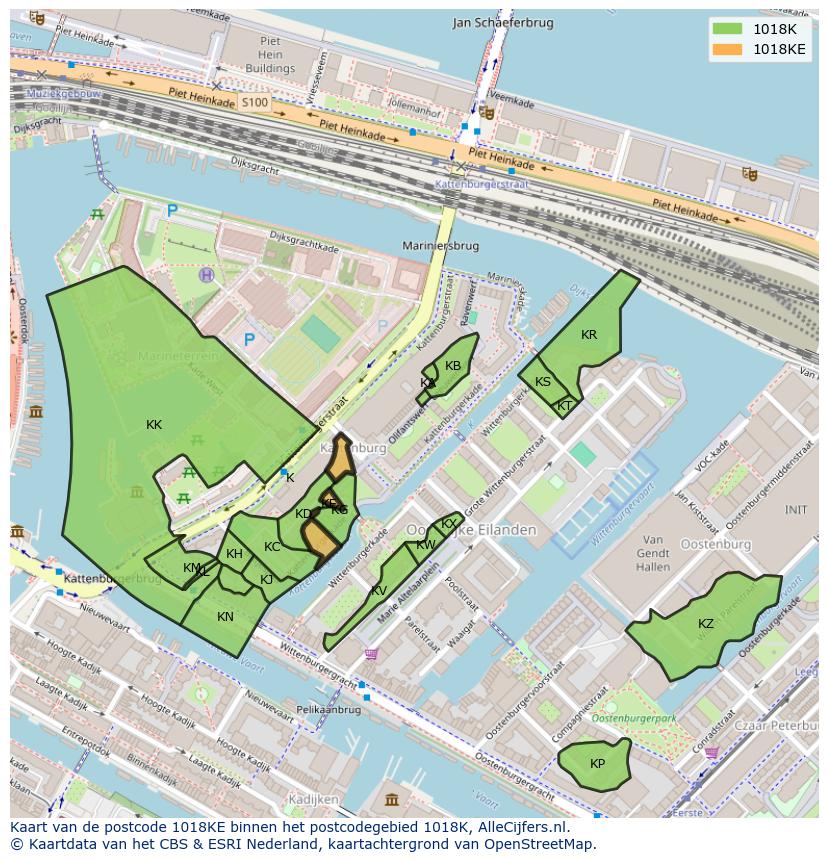 Afbeelding van het postcodegebied 1018 KE op de kaart.