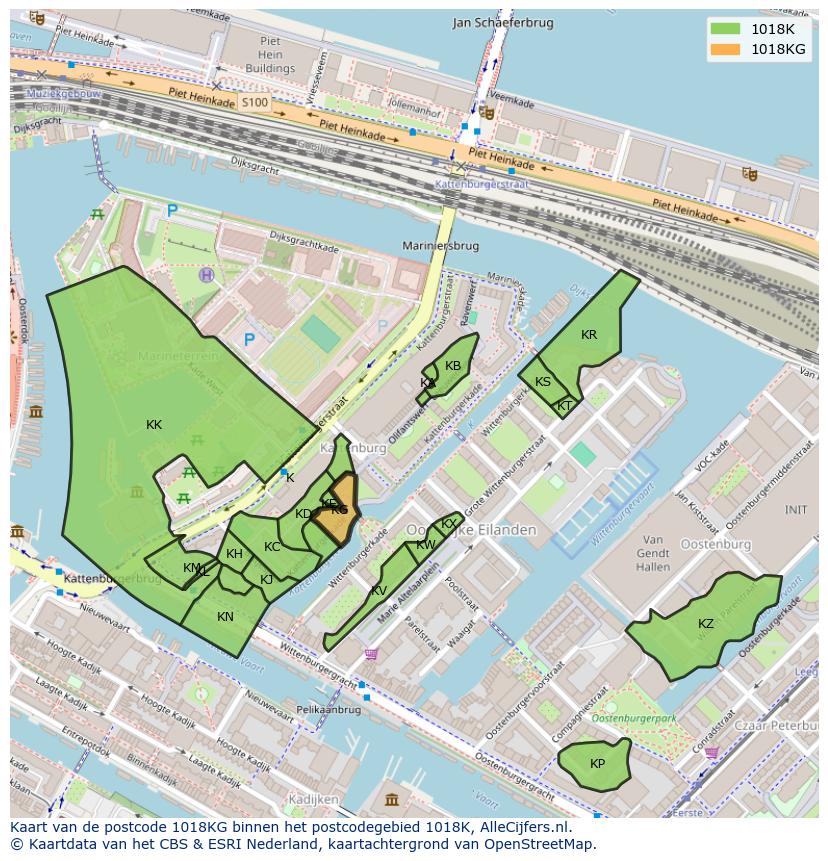 Afbeelding van het postcodegebied 1018 KG op de kaart.