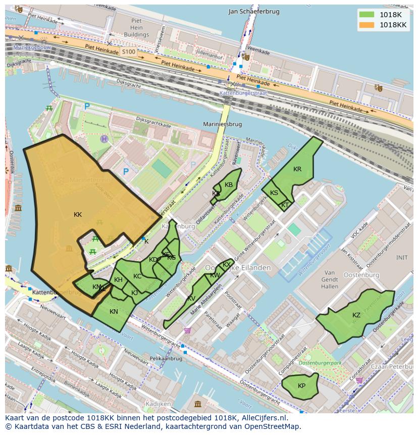 Afbeelding van het postcodegebied 1018 KK op de kaart.
