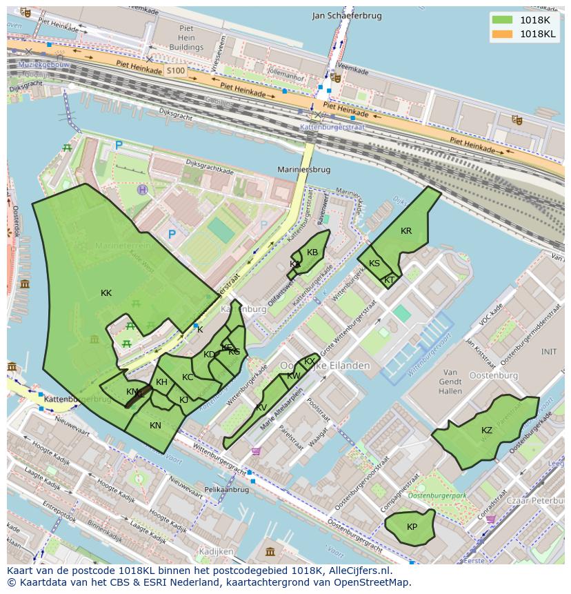 Afbeelding van het postcodegebied 1018 KL op de kaart.