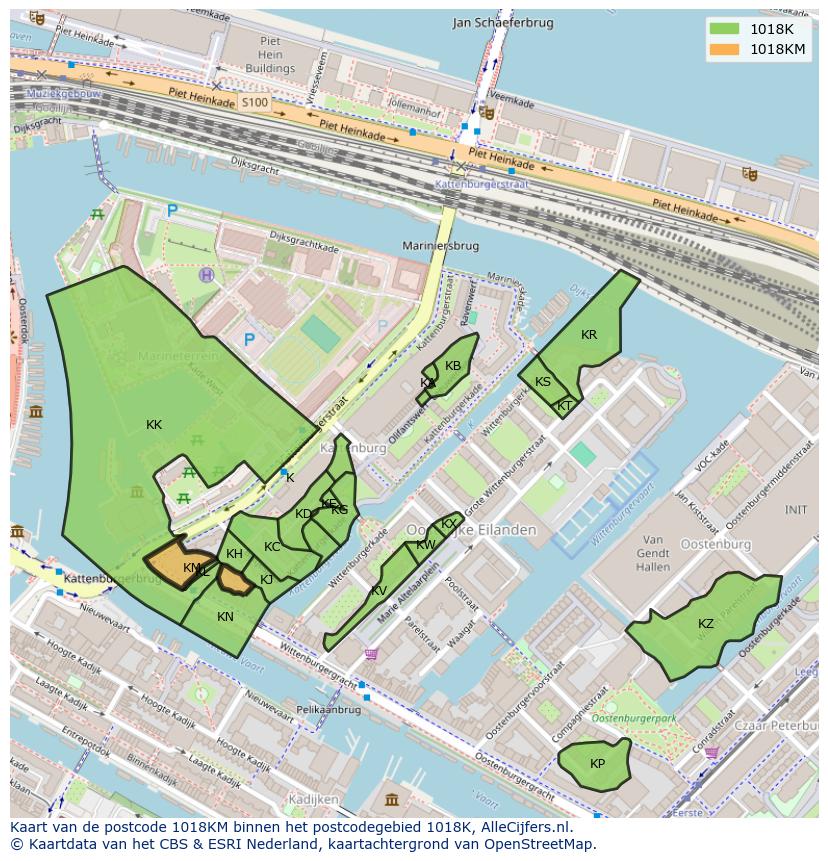 Afbeelding van het postcodegebied 1018 KM op de kaart.