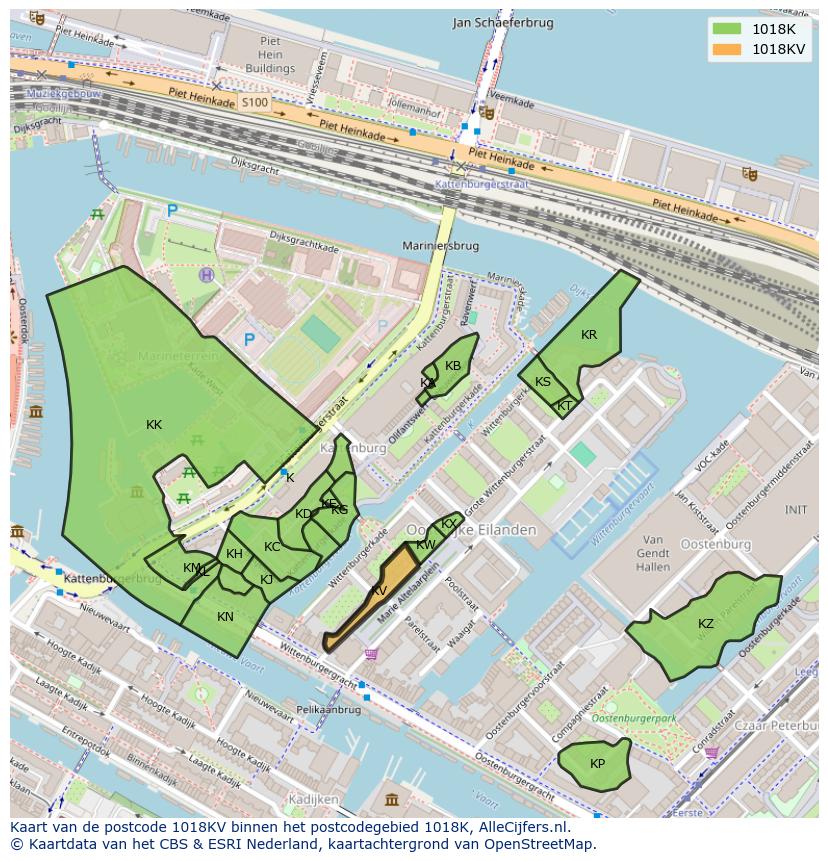 Afbeelding van het postcodegebied 1018 KV op de kaart.