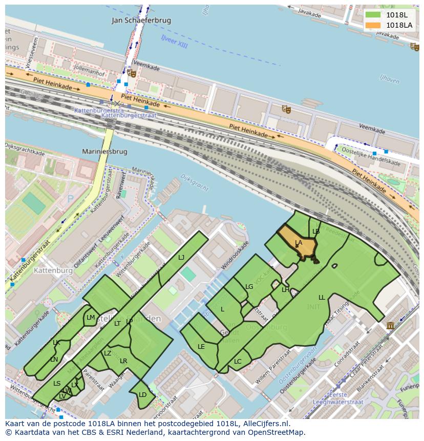 Afbeelding van het postcodegebied 1018 LA op de kaart.