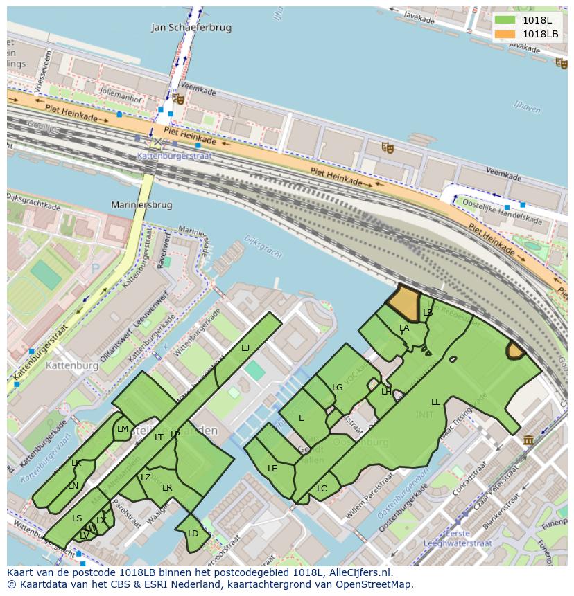 Afbeelding van het postcodegebied 1018 LB op de kaart.