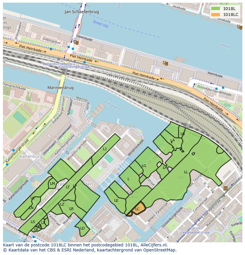 Afbeelding van het postcodegebied 1018 LC op de kaart.
