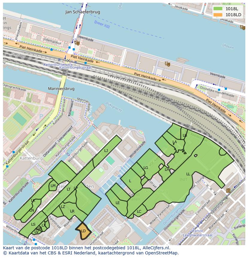 Afbeelding van het postcodegebied 1018 LD op de kaart.