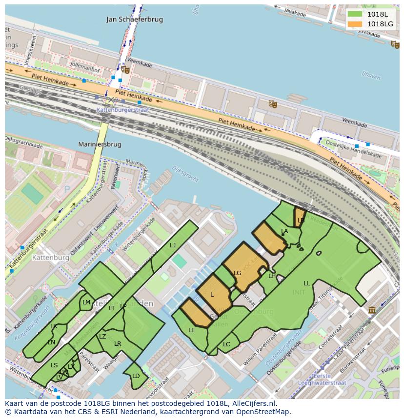 Afbeelding van het postcodegebied 1018 LG op de kaart.