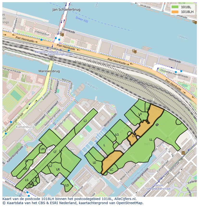 Afbeelding van het postcodegebied 1018 LH op de kaart.