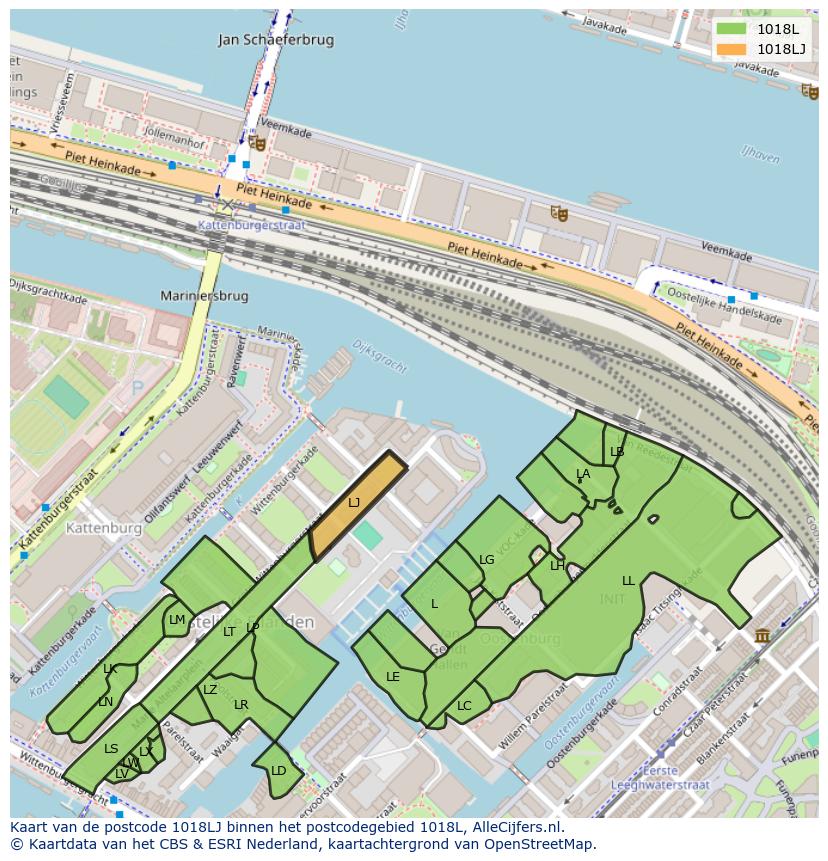 Afbeelding van het postcodegebied 1018 LJ op de kaart.