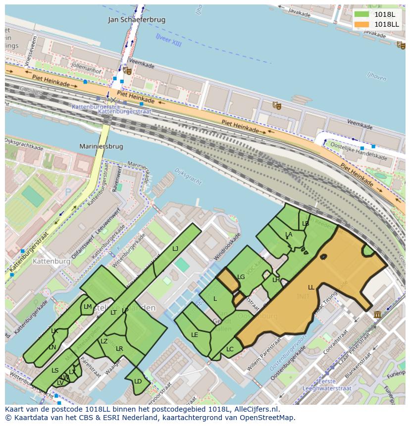 Afbeelding van het postcodegebied 1018 LL op de kaart.