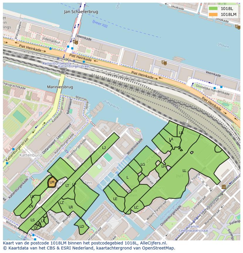 Afbeelding van het postcodegebied 1018 LM op de kaart.