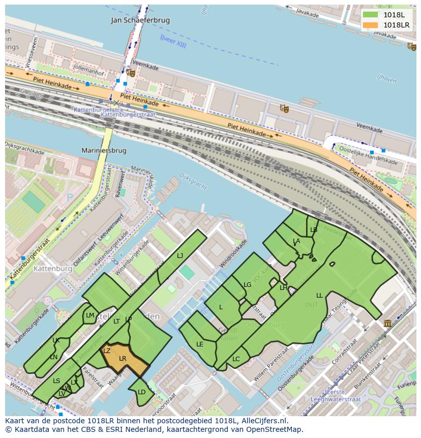 Afbeelding van het postcodegebied 1018 LR op de kaart.