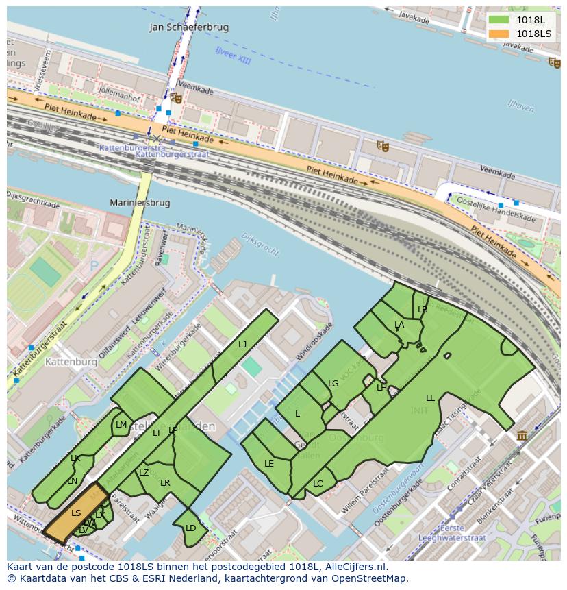Afbeelding van het postcodegebied 1018 LS op de kaart.
