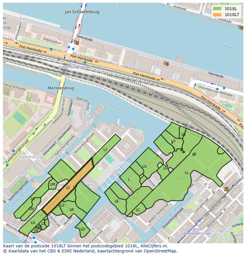 Afbeelding van het postcodegebied 1018 LT op de kaart.