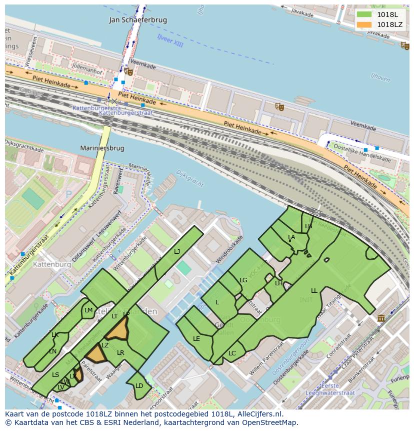Afbeelding van het postcodegebied 1018 LZ op de kaart.