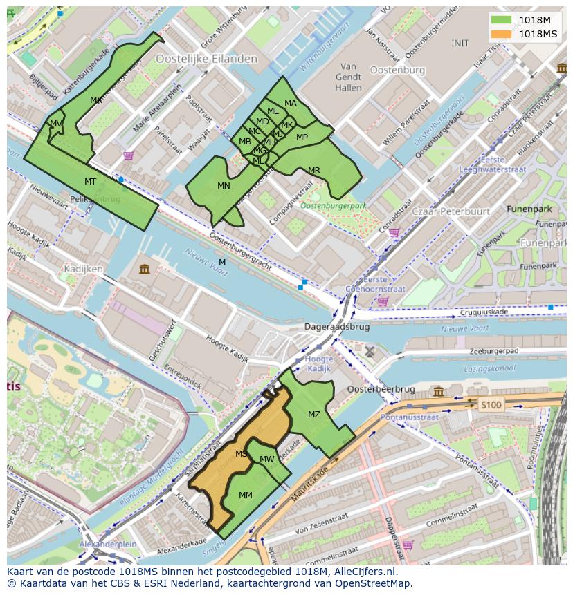 Afbeelding van het postcodegebied 1018 MS op de kaart.