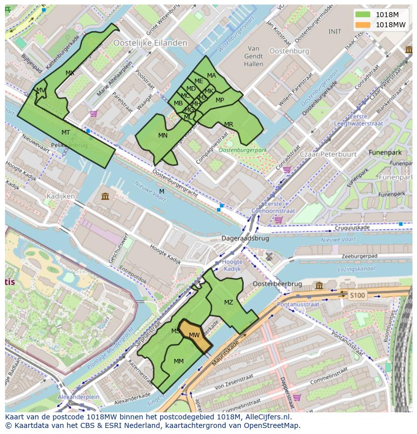 Afbeelding van het postcodegebied 1018 MW op de kaart.