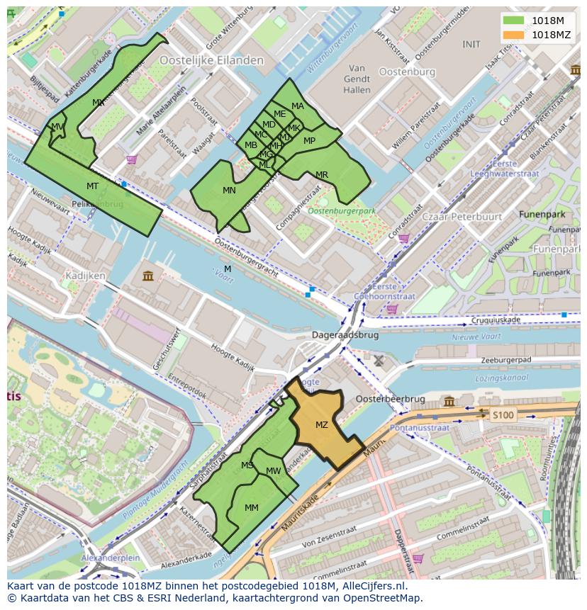 Afbeelding van het postcodegebied 1018 MZ op de kaart.