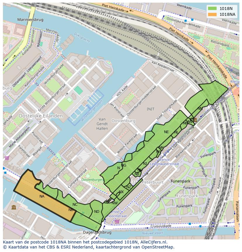 Afbeelding van het postcodegebied 1018 NA op de kaart.