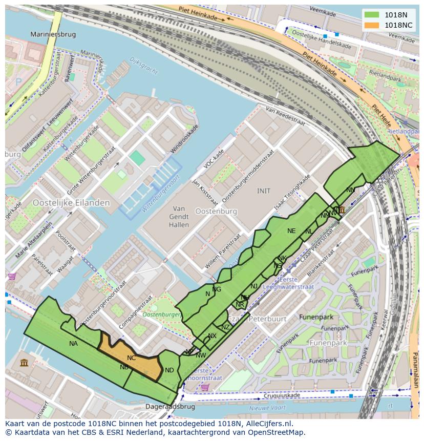 Afbeelding van het postcodegebied 1018 NC op de kaart.