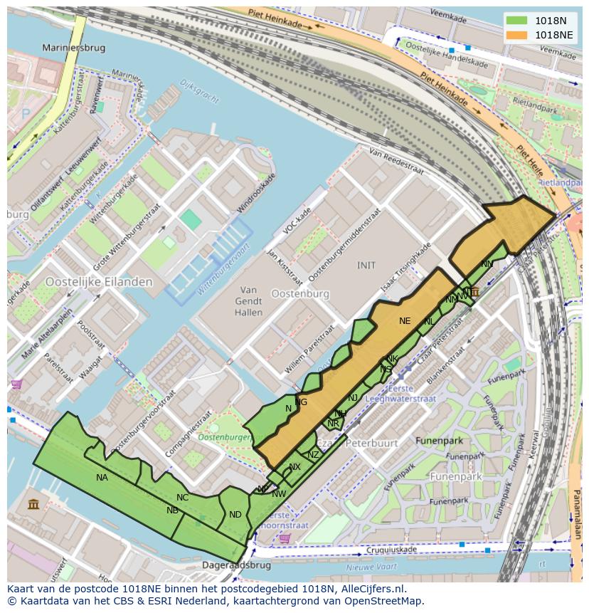 Afbeelding van het postcodegebied 1018 NE op de kaart.